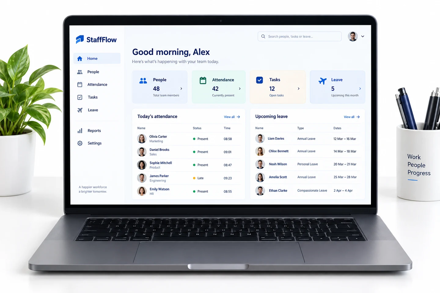 Illustrative StaffFlow dashboard on a laptop, showing people, attendance, tasks and leave